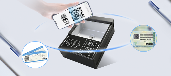 Escáner integrado de alta precisión para tarjetas de embarque de longitud extendida, códigos QR en documentos y pantallas móviles, con supresión de interferencias NFC para mayor estabilidad.