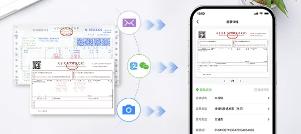 支持多渠道(邮箱、微信支付宝卡包、手机拍照等)发票导入,发票统一归集到慧视扫描王票夹,一键标记报销与否